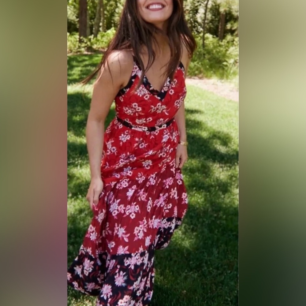 Loft Women's Zinnia Red Tiered Floral Maxi Dress with Pockets Size 4